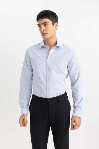 Slim Fit Polo Collar Honeycomb Textured Long Sleeve Shirt
