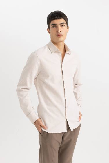 Slim Fit Polo Collar Honeycomb Textured Long Sleeve Shirt