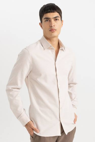 Slim Fit Polo Collar Honeycomb Textured Long Sleeve Shirt