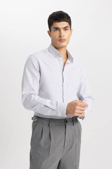 Slim Fit Dar Kesim Polo Yaka Petek Dokulu Uzun Kollu Gömlek