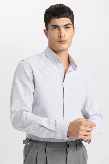 Slim Fit Polo Collar Honeycomb Textured Long Sleeve Shirt