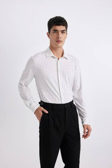 Slim Fit Dar Kesim Polo Yaka Çizgili Penye Uzun Kollu Gömlek