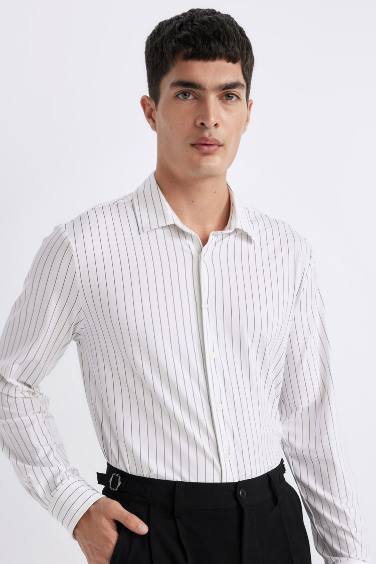 Slim Fit Polo Collar Striped Cotton Long Sleeve Shirt