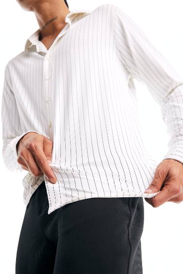 Slim Fit Dar Kesim Polo Yaka Çizgili Uzun Kollu Gömlek