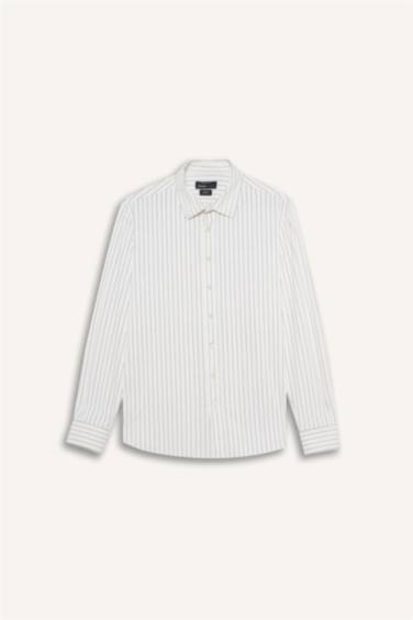 Slim Fit Dar Kesim Polo Yaka Çizgili Uzun Kollu Gömlek