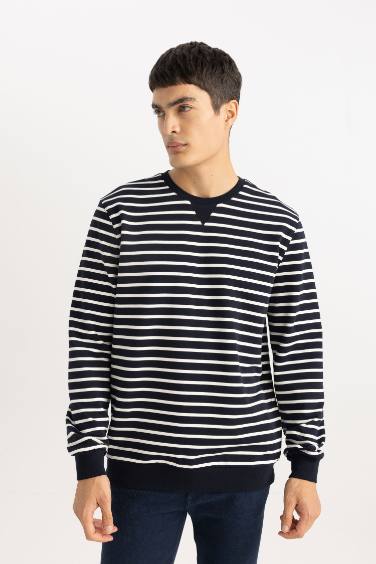 Modern Fit Bisiklet Yaka Çizgili Sweatshirt