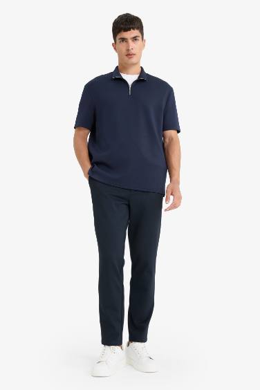 Regular Fit Dik Yaka Yarım Fermuarlı Modal Karışımlı Ağır Kumaş Kısa Kollu Tişört