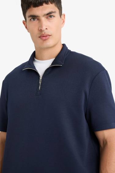 Regular Fit Dik Yaka Yarım Fermuarlı Modal Karışımlı Ağır Kumaş Kısa Kollu Tişört