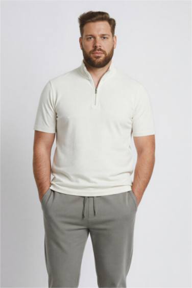 Regular Fit Dik Yaka Yarım Fermuarlı Modal Karışımlı Ağır Kumaş Kısa Kollu Tişört