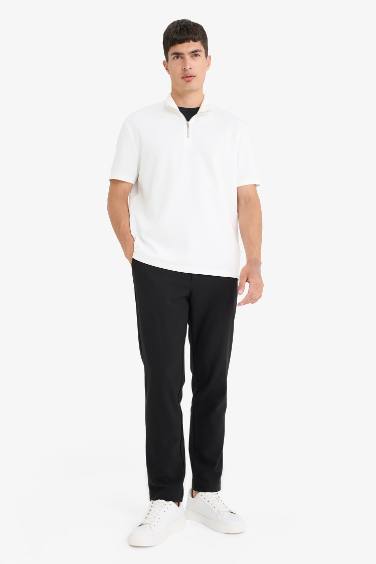 Regular Fit Dik Yaka Yarım Fermuarlı Ağır Kumaş Kısa Kollu Tişört