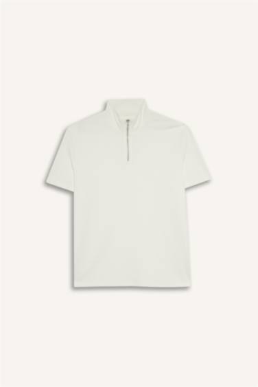 Regular Fit Dik Yaka Yarım Fermuarlı Modal Karışımlı Ağır Kumaş Kısa Kollu Tişört