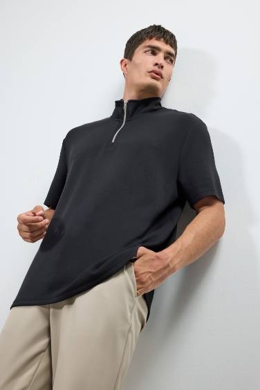 Regular Fit Stand Collar Half Zipper Heavy Fabric T-Shirt