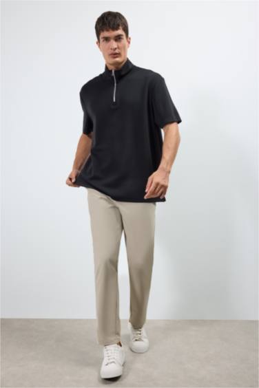 Regular Fit Stand Collar Half Zipper Heavy Fabric T-Shirt