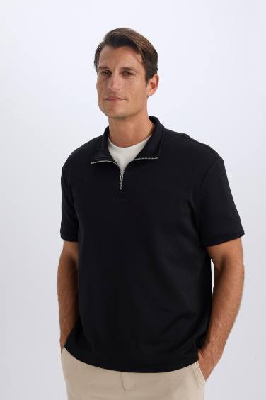 Regular Fit Stand Collar Half Zipper Heavy Fabric T-Shirt