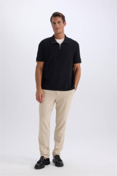 Regular Fit Stand Collar Half Zipper Heavy Fabric T-Shirt