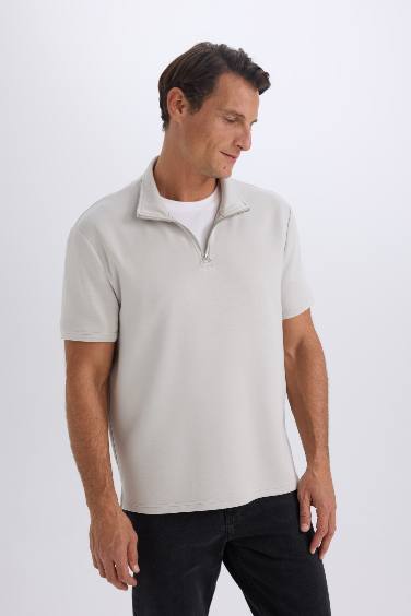 Regular Fit Stand Collar Short Sleeve Heavy Fabric T-Shirt