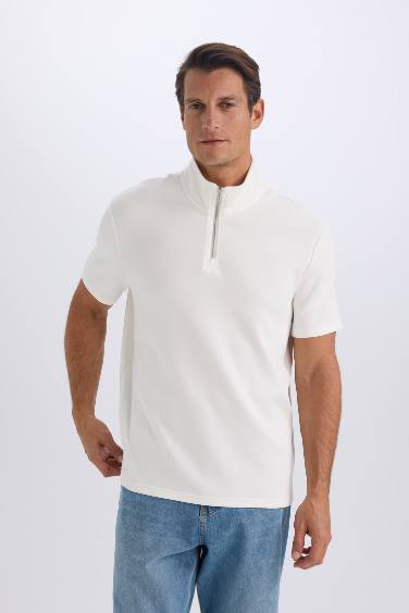 Regular Fit Stand Collar Short Sleeve Heavy Fabric T-Shirt