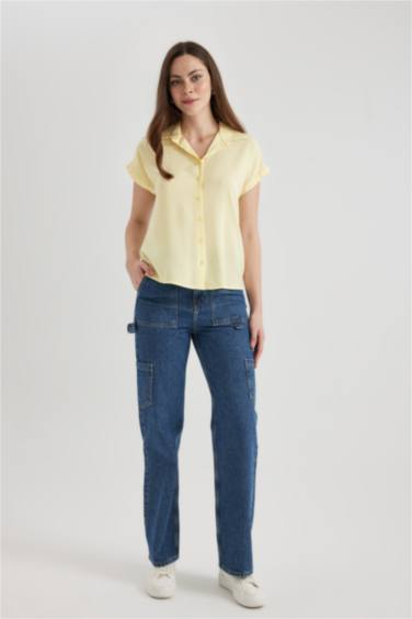 بنطلون جينز كارجو وايد ليج بخصر عالي