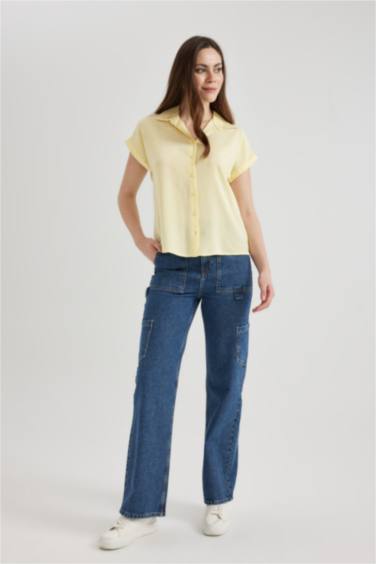 بنطلون جينز كارجو وايد ليج بخصر عالي