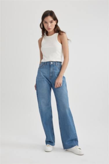 Wide Leg High Waist Cutaway Long Jeans