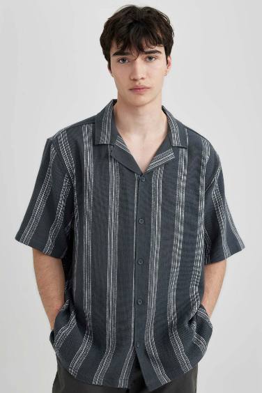 Relax Fit Resort Collar Striped Short Sleeve Shirt