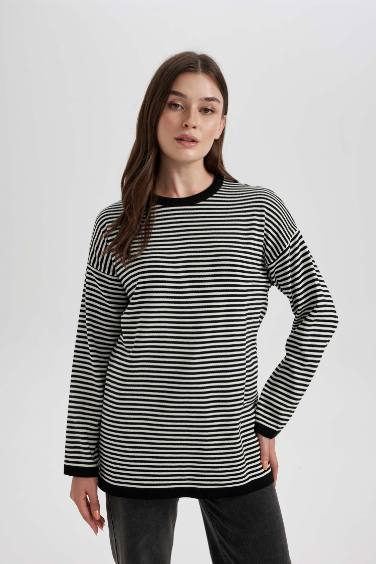 Regular Fit Crew Neck Striped Knitted Pullover Tunic