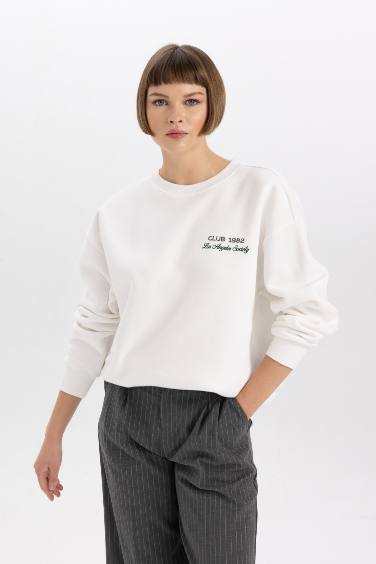 Relax Fit Crew Neck Slogan Printed Thick Fabric Sweatshirt