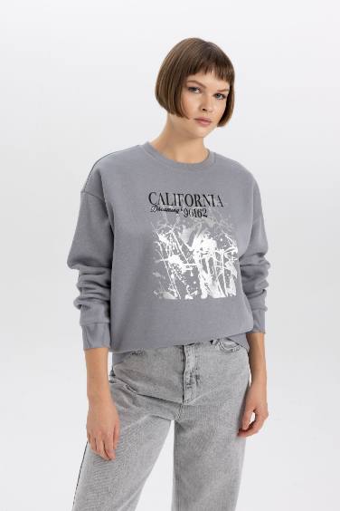 Relax Fit Crew Neck Shiny Printed Thick Fabric Sweatshirt