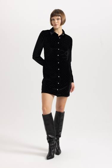 فستان قصير كم طويل بياقة قميص