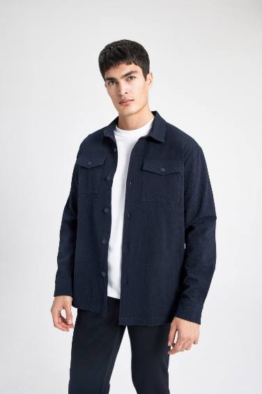 Regular Fit Polo Neck Seersucker Textured Shirt Jacket