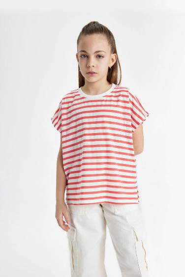 Girl Oversize Fit Jersey Striped Short Sleeve T-Shirt