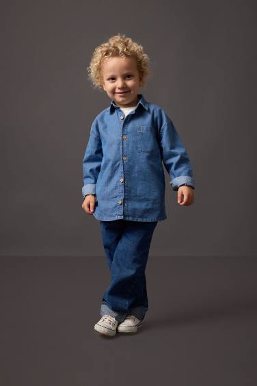 قميص جينز بيبي اولادي كم طويل بقصة عادية