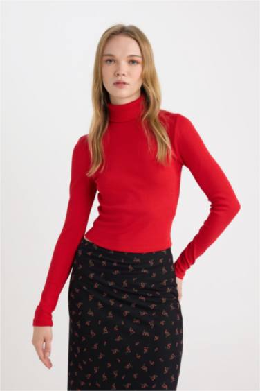 Kırmızı Fitted Balıkçı Yaka Fitilli Kaşkorse Basic Düz Uzun Kollu Tişört