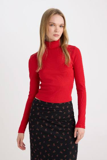 Kırmızı Fitted Balıkçı Yaka Fitilli Kaşkorse Basic Düz Uzun Kollu Tişört