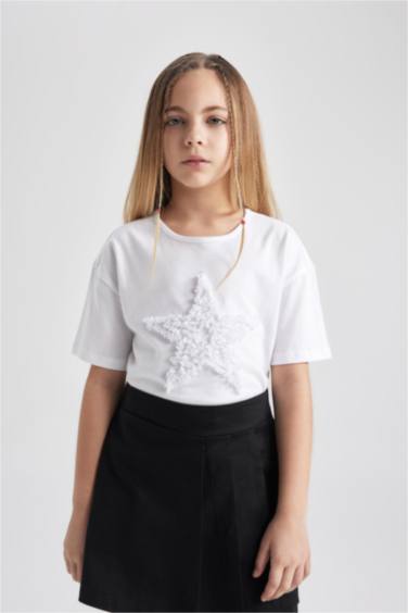 Girl Relax Fit Crew Neck Short Sleeve White T-Shirt