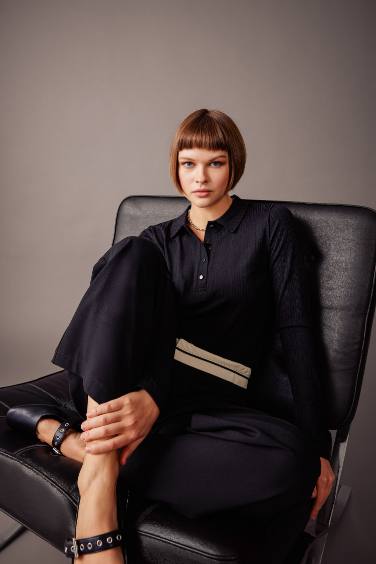 Slim Fit Polo Neck Corduroy Long Sleeve T-Shirt