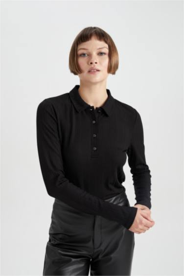 Slim Fit Polo Neck Corduroy Long Sleeve T-Shirt