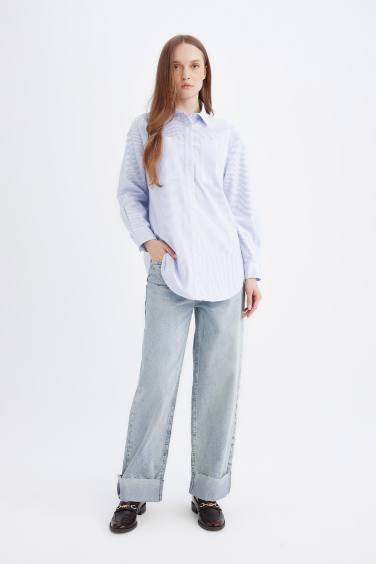 Relax Fit Çizgili Poplin Uzun Kollu Gömlek Tunik