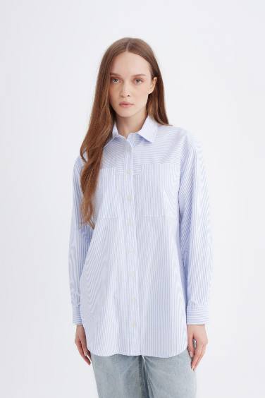 Relax Fit Çizgili Poplin Uzun Kollu Gömlek Tunik