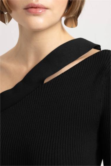 Fitted Vücuda Oturan Omuzu Açık Basic Düz Uzun Kollu Maxi Triko Elbise