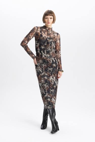 Slim Fit Half Turtleneck Tulle Long Sleeve T-Shirt