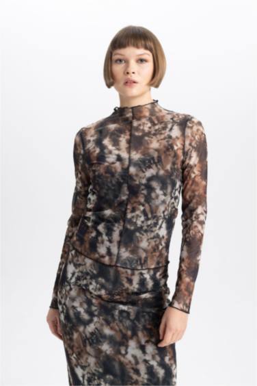 Slim Fit Half Turtleneck Tulle Long Sleeve T-Shirt