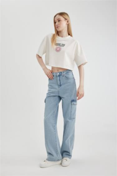 تيشيرت نص كم واسع مطبوع برقبة مستديرة