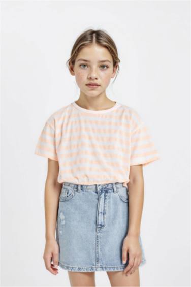 تي شيرت مخطط بناتي نص ردن برقبة مستديرة