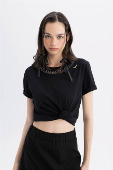 Lug Von Siga x DeFacto Bisiklet Yaka Yaka Baskılı Nakışlı Kısa Kollu Tişört