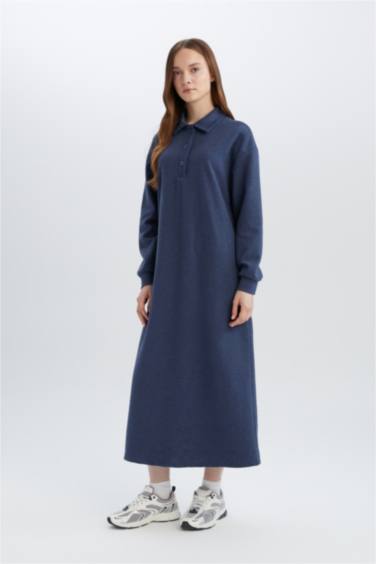 Regular Fıt Gömlek Yaka Selanik Kumaş Uzun Kollu Maxi Elbise