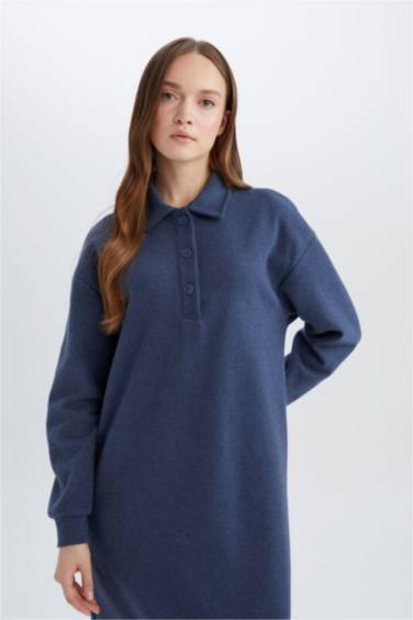 Regular Fıt Gömlek Yaka Selanik Kumaş Uzun Kollu Maxi Elbise