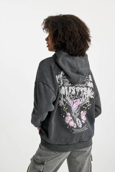 Oversize Back Printed Hooded Wash Effect Thick Sweatshirt