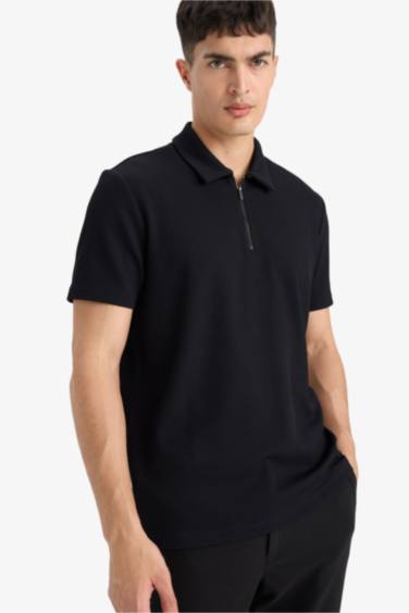 Regular Fit Half Zip Pleated Polo T-Shirt