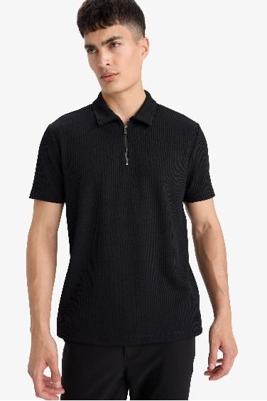Regular Fit Half Zip Pleated Polo T-Shirt